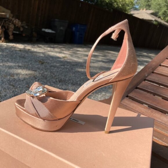 Miu Miu Nude Satin Heels with Crystal Embellishment, Size 6.5 - Picture 6 of 13